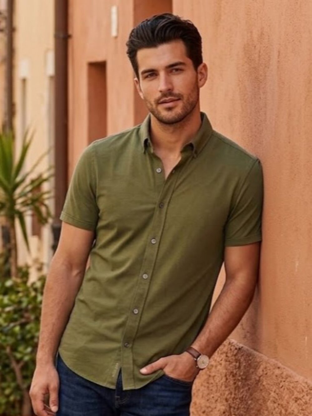 Bonobos Slim Fit Short Sleeve Button Down Shirt Olive Green Size M